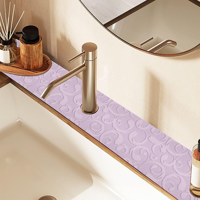 Kitchen Sink Splash Guard 2 PCS 14.7 Inch Sink Faucet Mat Splash Guard for Bathroom Countertop Water Absorbent Foldable Cuttable Soft Washable Floral Vintage Purple
