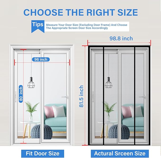 Magnetic Screen Door Upgraded PET Mesh Stronger Than Fiberglass and Polyester,Hands Free,Keeps Bugs Out,Pet & Kid Friendly,Suitable for Sliding Door,Large Patio Door and French Door-96''x80''