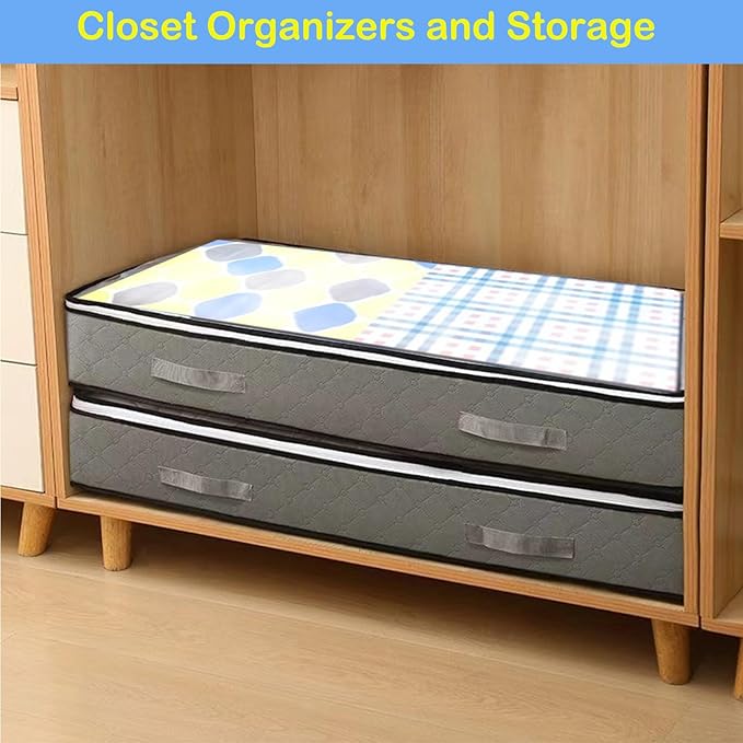 Under Bed Storage Containers, Thin Under Bed Storage Bins with Lids， Clothes Storage Bags Foldable Under Bed Storage Bins for Blankets for Blankets, Comforter, Sweaters, Pillows(Grey, 4 Pack)