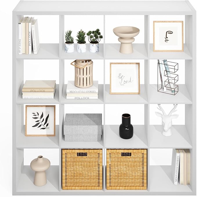 Furinno Simple Cube Storage Organizer, 16-Cube Display Shelf, Open Back Shelving Unit, Storage Shelves, Extra Thick Frame, for Organization and Storage, Living Room, Home Office, White