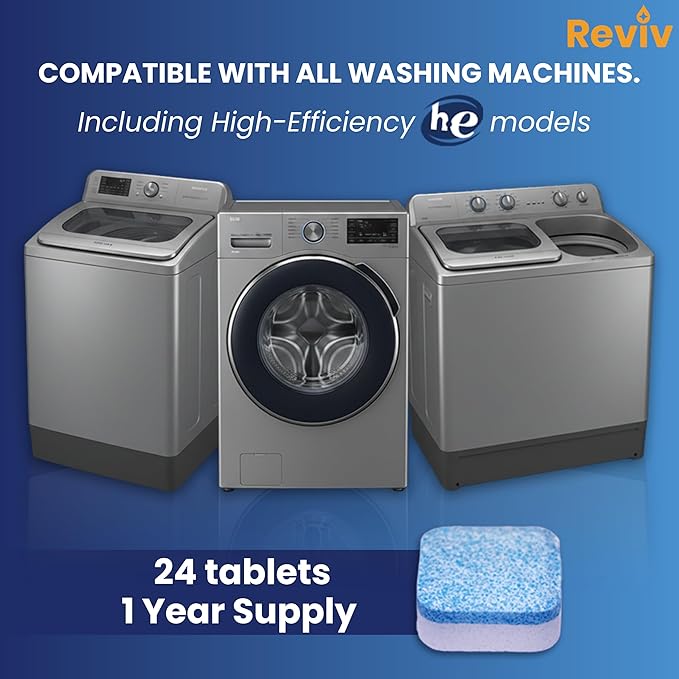 REVIV Washing Machine Cleaner Tablets – HE Compatible Descaler, 24 Count (12-Month Supply) – Septic-Safe for Front & Top Load Washers