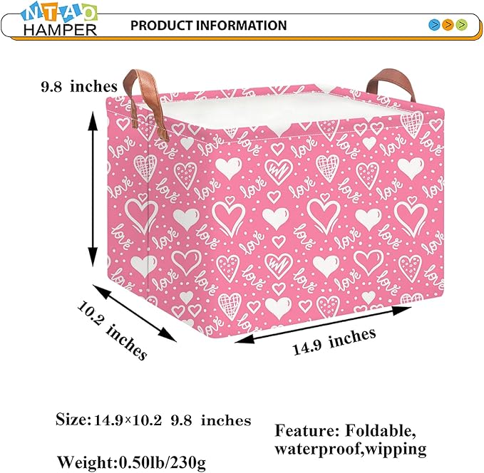 Rectangular Storage Basket Empty,Collapsible Gift Basket with Handles,Heart Print Basket, Books Box,Room Decor(Lovely Heart)