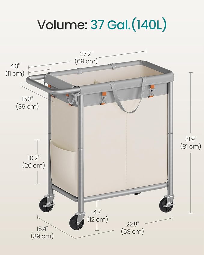 SONGMICS Laundry Basket with Wheels, 2-Section Rolling Laundry Hamper, 37 Gallons (140 L), Removable Liner, Steel Frame with Handle, 27.2 x 15.4 x 31.9 Inches, Dove Gray and Cream White URLS004GD02