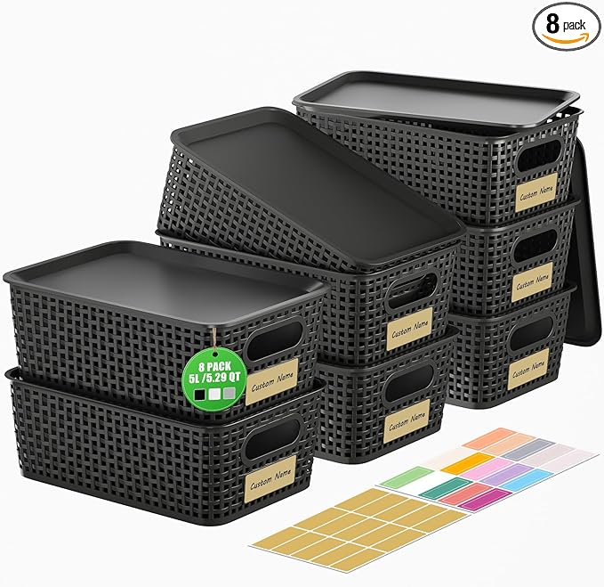 8 PCS Plastic Storage Baskets with Lids, Stackable Storage Bins with Lids & Labels for Organizing, Small Storage Bins for shelves, Office, Drawer, Cabinet & Pantry,Nursery Organization,10.2*7.2*4.1In