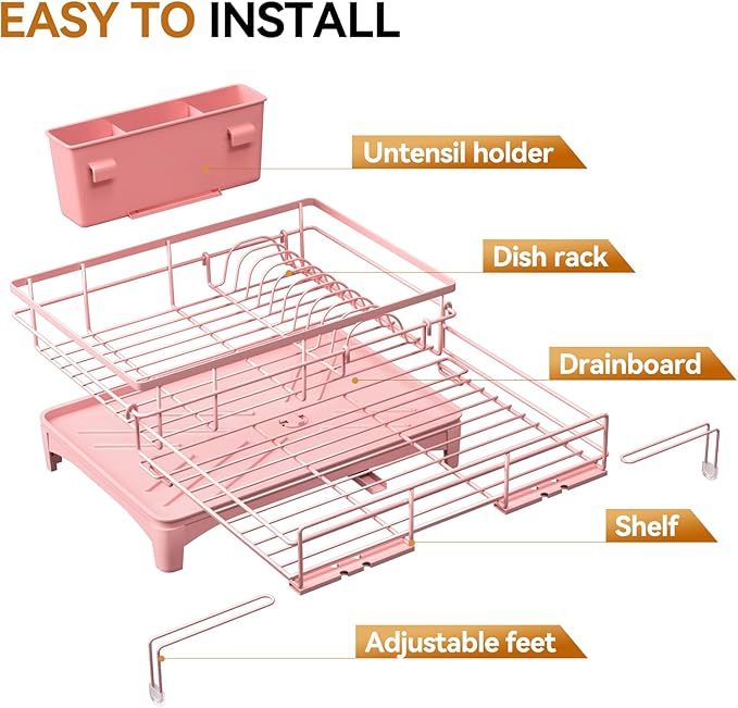 Dish Drying Rack - Expandable Rack, Large Capacity Dish Drainer for Kitchen Counter, Rust-Proof with Utensil Holder, Pink