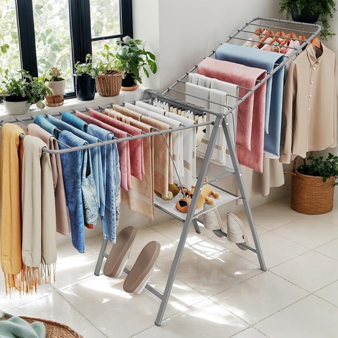 APEXCHASER Drying Rack Clothing, Clothes Drying Rack Foldable, Metal Laundry Drying Rack Collapsible for Sweater Towel Indoor & Outdoor, Height Adjustable Gullwing Clothes Airer, Grey