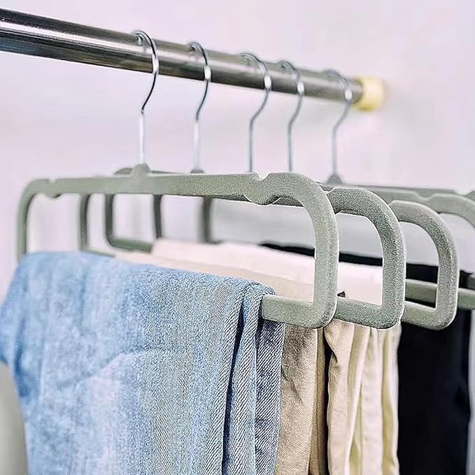 Velvet Pant Hangers, 20pcs Heavy Duty Flocked Trouser Hangers with Non-Slip Bar, 35cm(L) Adult Clothes Hanger with Swivel Hook, Slim Felt Jean Hangers for Shorts, Dress, Scraf, Bar (Grey-Silver)