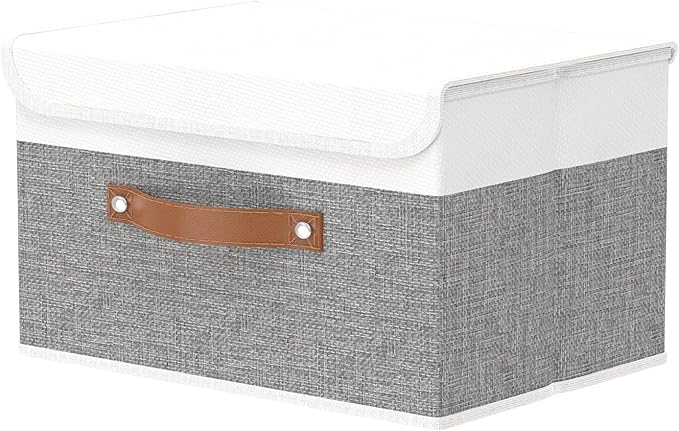 OUTBROS Large Foldable Storage Bins, Linen Fabric Box with Lid, Organiser for Shelves, Cubes For Towels, Clothes, 13 x 9.1 x 7.9 inch (White/Grey, 1-Pack)
