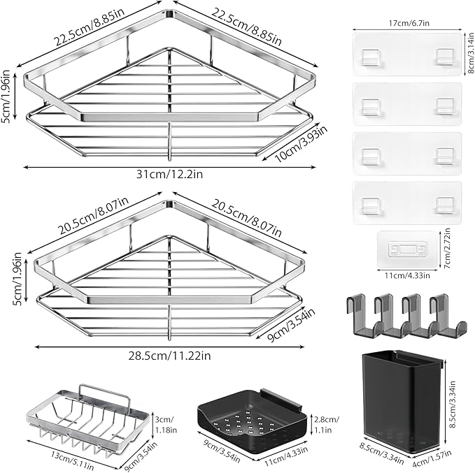 Corner Shower Caddy, 5-Pack Adhesive Shower Corner Organizer Shelves, No Drilling Stainless Steel Shower Storage Rack with Soap&Toothpaste Holder for Bathroom, Dorm and Kitchen (silver)