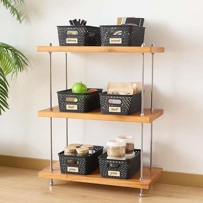 Small Plastic Twill Woven Storage Baskets, Stackable Organizing Containers with Labels for Pantry Office, 6-Pack, Black