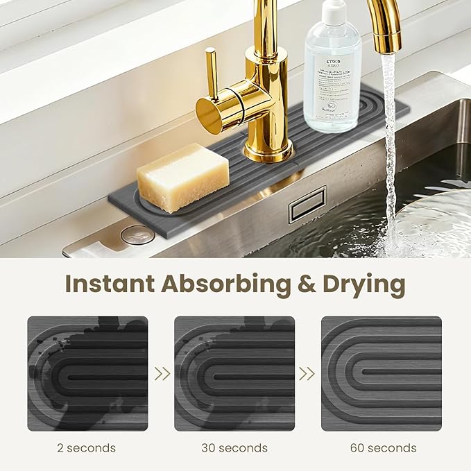 Faucet Mat for Kitchen Sink,Diatomite Fast Drying Stone Sink Tray,Faucet Splash Guard for Bathroom Counter [15.8"x4"],Super Absorbent, Prevents Moisture Buildup