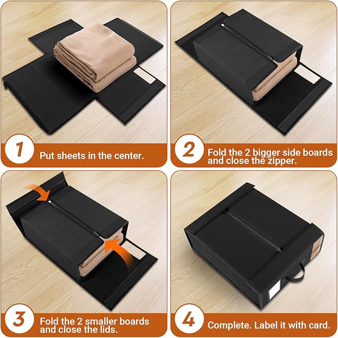 4 Pack Bed Sheet Closet Organizers and Storage,Sturdy Foldable Storage Containers with Window and Label,Storage and Organization for Bedding Sheets,Duvet Covers,Blankets (Black)