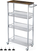 NANANARDOSO 4-Tier Slim Rolling Cart with Wood Top, Narrow Storage Organizer with Wheels & Handle for Kitchen Bathroom Laundry Room, Black, Silver.