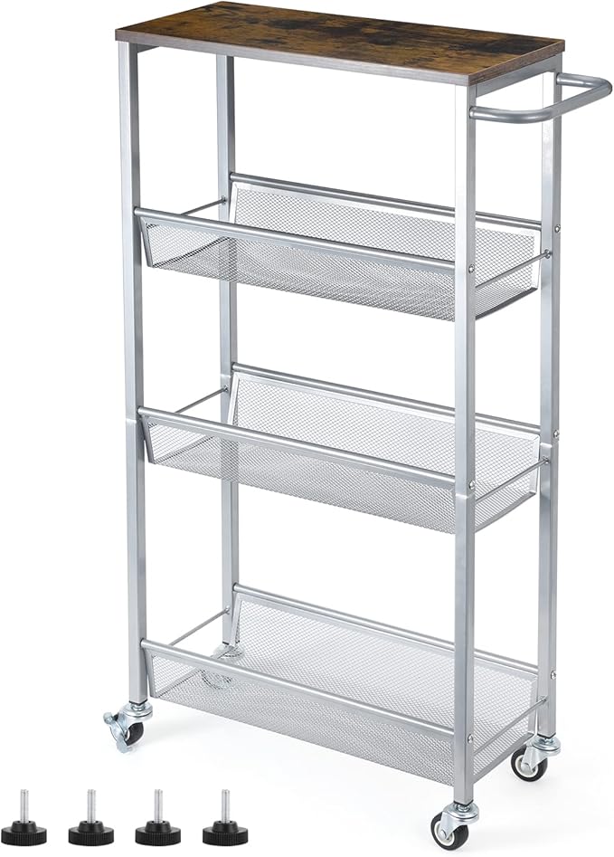 NANANARDOSO 4-Tier Slim Rolling Cart with Wood Top, Narrow Storage Organizer with Wheels & Handle for Kitchen Bathroom Laundry Room, Black, Silver.