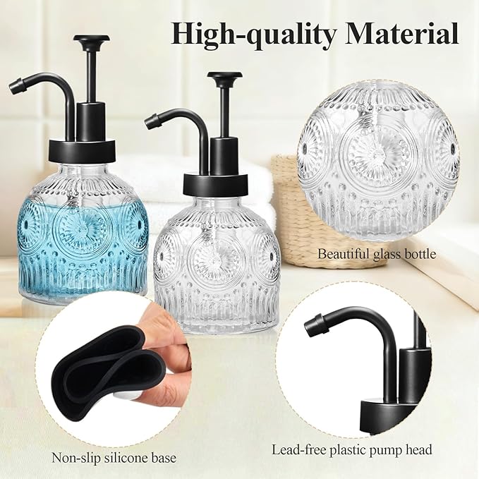 SheeChung Vintage Soap Dispenser, Kitchen Dish Soap Dispensers with Pump Mat, Glass Hand Soap Dispenser for Bathroom, Liquid, Lotion, Refillable, Rustic Farmhouse Decor-Clear (Black Pump, 2 pk)