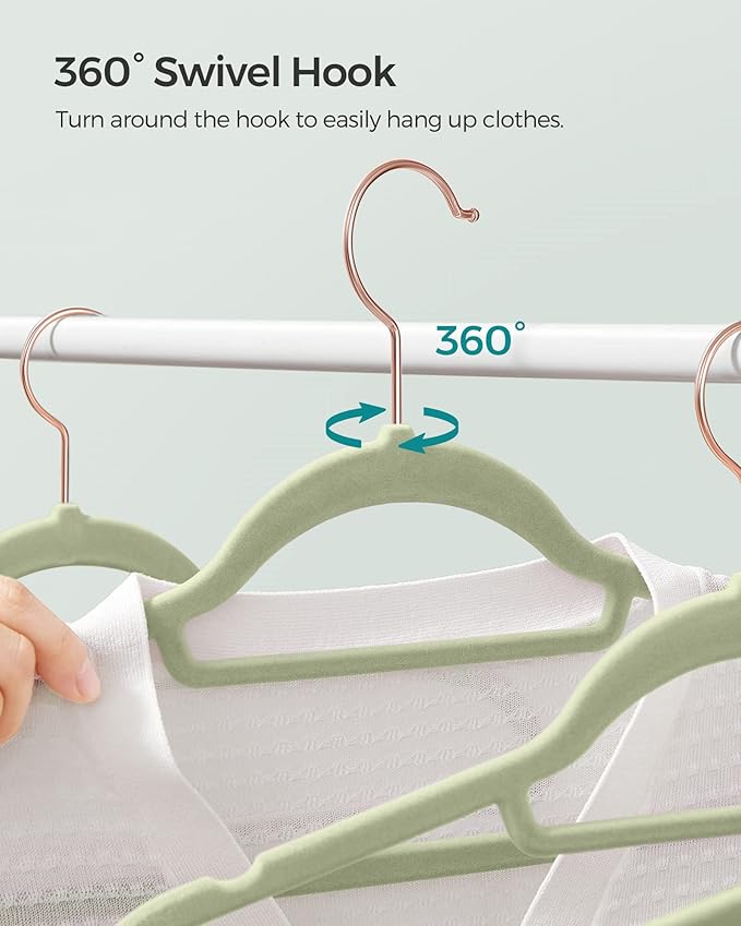 SONGMICS Velvet Hangers, Set of 50 Clothes Hanger with Rose Gold Swivel Hook, Non-Slip, and Space-Saving, 0.2-Inch Thick, 17.1-Inch Long for Coat, Shirt, Dress, Pants, Tie, Lime Green UCRF021GR50