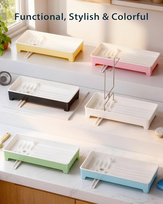Minimalist Sink Caddy, Rustproof Sponge Holder for Kitchen Sink with 304 Stainless-Steel Brush Holder, Countertop Rack Organizer with Raised Ridges & Silicone Drain Tube (Pastel Yellow)