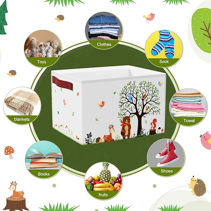 Boao 3 Pack Woodland Animals Storage Baskets for Gifts, Collapsible Large Forest Animals Storage Bins Bear Fox Raccoon Tree Foldable Empty Canvas Laundry Basket with Handle for Nursery Home Bedroom