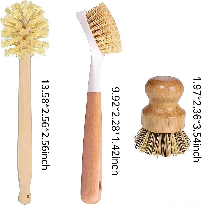 Bamboo Dish Brush Set with Handle - Kitchen Cleaning Brushes: Bottle Brush, Straw Cleaner & Vegetable Brush. Dish Scrub for Dishes, Sink, Pots, Pans, Cast Iron – Kitchen Scrub Brushes