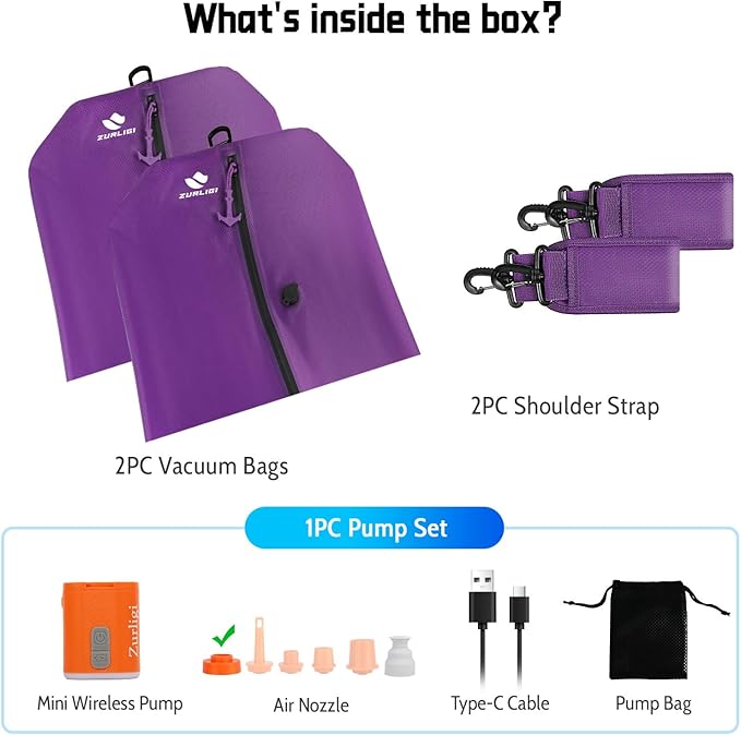 Zurligi Vacuum Bags with Pump for Travel – IPX8 Waterproof Reusable Carry-On Compression Bags for Clothes, Suitcase & Luggage(2-Pack, Purple)