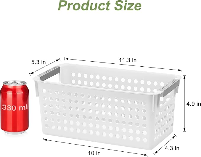 Soddeph 4 Pack Slim Plastic Storage Basket with Handles, Rectangular Storage Bins for Shelves,Narrow Organizer box for Organizing, Kitchen,Home,Office (White, Small)