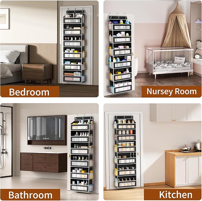 Over The Door Organizer with 6 Large Pockets, Over the Door Storage 12 Side Pockets, Hanging Door Organzier 44 lb Load Behind Door Storage Hanging Shelf for Closet Wall Bathroom Nursery, 6-Tier Black