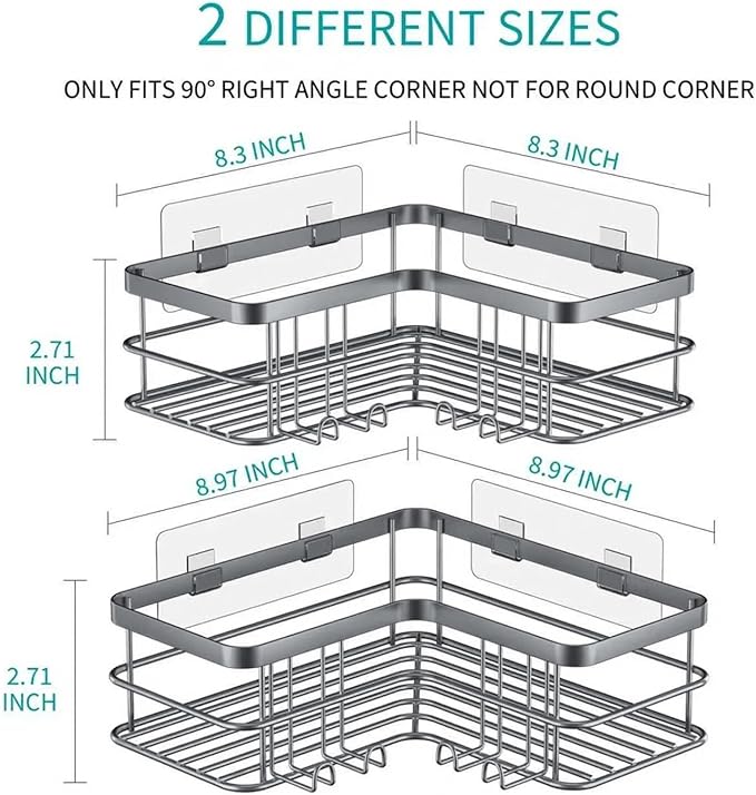 Yazoni Corner Shower Caddy, Adhesive Shower Shelves No Drilling [2-Pack], Rustproof Stainless Steel Bathroom Shower Organizer with 8 Hooks