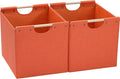 HOONEX Large Collapsible Storage Bins, Linen Fabric, Pack of 2, Storage Baskets with Wooden Carry Handles and Sturdy Heavy Cardboard, for Home, Office, Car, Nursery, Orange