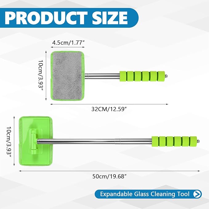 Car Windshield Cleaning Tool, Car Windshield Window Cleaner, Auto Glass Wiper Tool with Extendable Handle & Reusable Microfiber Pad, Universal Vehicle Cleaning Car Accessories (Green)