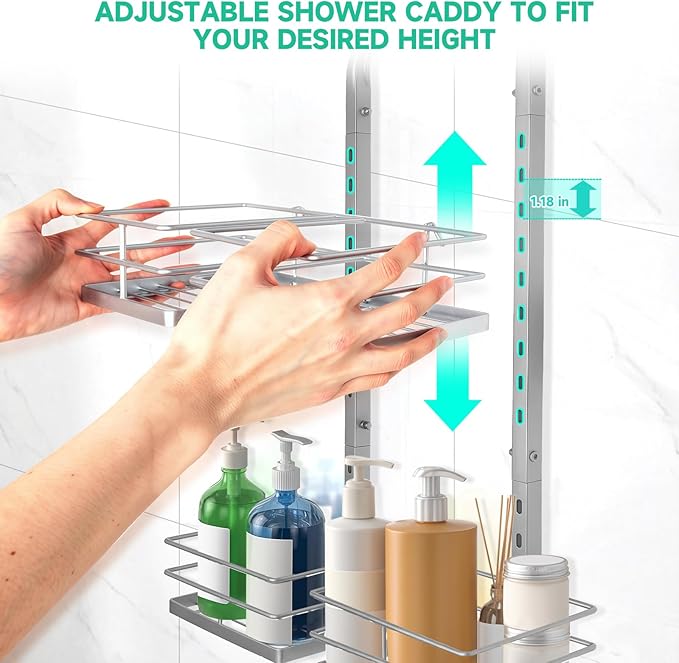Shower Caddy Hanging for Handheld Showerheads Adjustable Height Extra Long Bathroom Storage Organizer Hanger Rack Rustproof Hose Shower Organizer 4 Levels Height Shower Rack (Sliver)