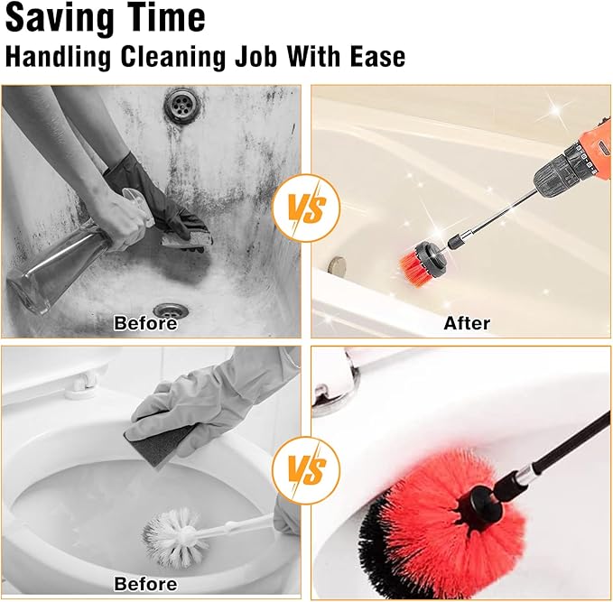 8 Pcs Drill Brush Attachment Set, Power Cleaning Scrub Brush Kit with Extend Long Attachment, All Purpose Drill Scrub Brushes for Car, Grout, Floor, Tub, Bathroom and Kitchen (red)