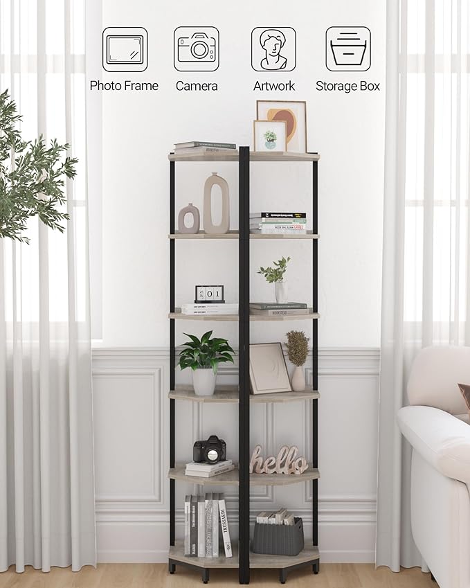 Corner Shelf Stand, Corner Bookshelf, Storage Standing Shelf Unit with Metal Frame, Plant Stand, Bookcase for Living Room, Home Office, Bedroom, 6-Tier Greige CS06005B