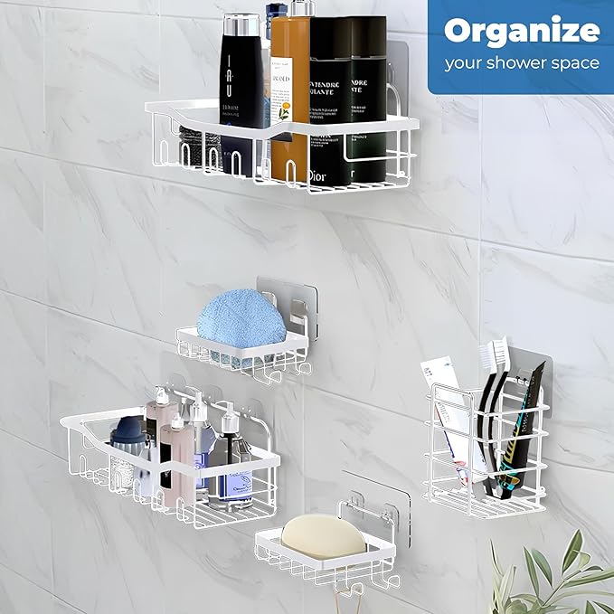Fab Glass and Mirror shower caddy Bathroom shower organizer (White, Pack of 5)