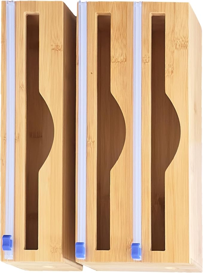 Incredinest Bamboo Drawer Organizer Bag Holder – Modular Design Zip Lock Bag Organizer Plastic Wrap Dispenser with Cutter – Baggie Organizer for Drawer with Single and Double Wrap Dispenser