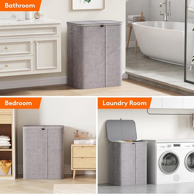 Lifewit 185L Large 3 Section Laundry Hamper with Lid, Plastic Laundry Basket with Bamboo Handles and Removable Bags, Tall Foldable Clothes Hamper for Bathroom Bedroom, Light Gray