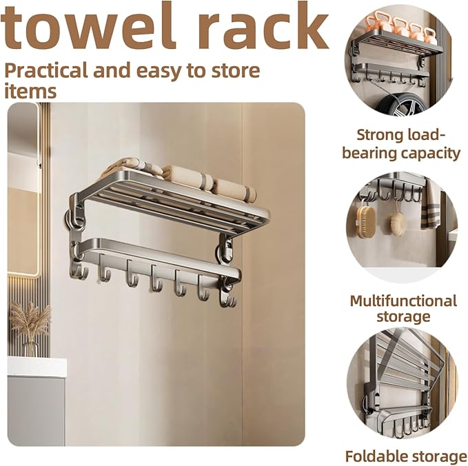 Aluminum Alloy Suction Cup Towel Rack, Bathroom Storage Shelf, No-Drill Mounting (Medium)