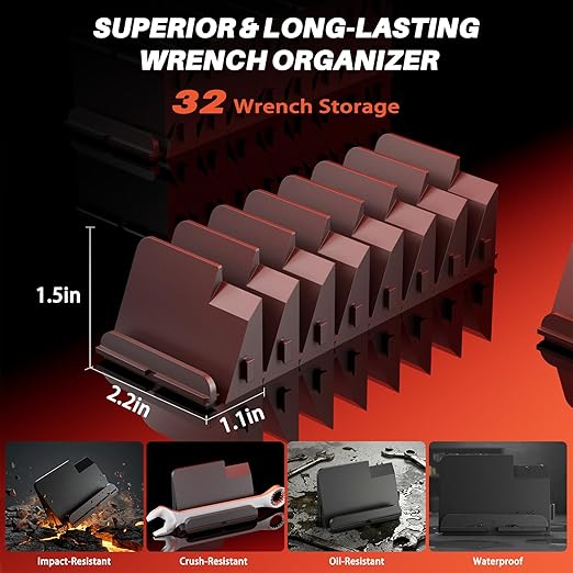 32 PCS Modular Wrench Organizer Wrench Holder - Wrench Tool Organizers for Tool Drawer Storage, Wrench Storage Set with Metric & SAE Label, Wrench Rack Tool Gift for Mechanics, Father, Men, Black
