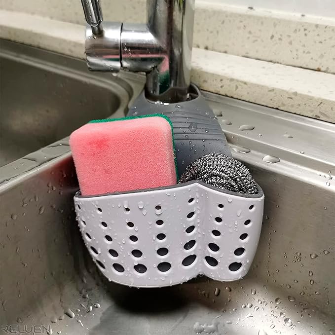 Reluen Silicone Sponge Holder For Kitchen Sink - Over The Faucet Sink Sponge Holder Hanging, 5.7 x 3.22 x 2.2 Convenient Size - Adjustable Silicone Holders With Strap, Easy to Use and Clean