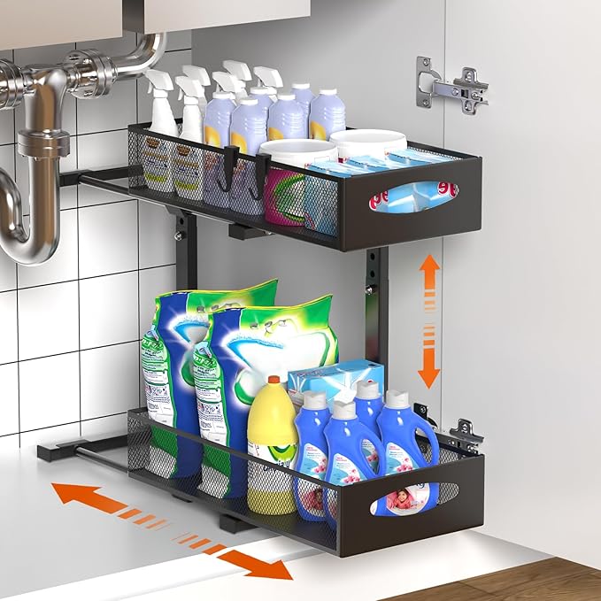Housolution 1 Pack Under Sink Organizer, 2 Tier Metal Pull Out Under Sink Storage with Sliding Mesh Drawers, Height Adjustable Slide Out Under Sink Organizer for Kitchen Bathroom Cabinet, Black