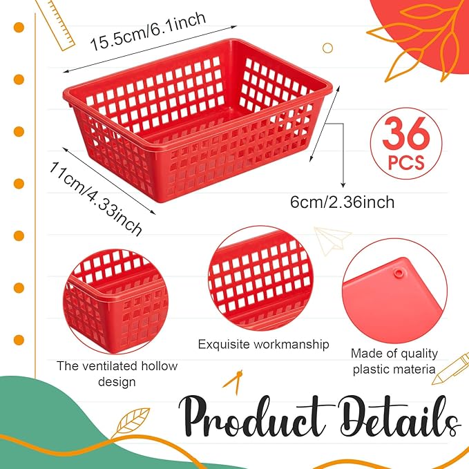 Sherr 36 Pack Classroom Storage Basket Small Plastic Basket for Organizing Crayon Pencil Container Storage Bin Tray Holder for Paper Shelf Back to School Office Supply 6.1" l x 4.3" w x 2.4" h(Red)