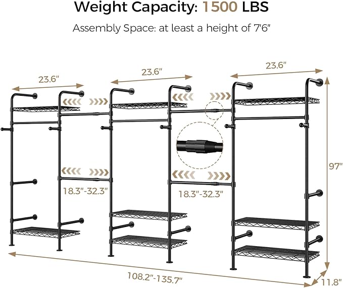 Closet Organizers and Storage, 5-Row Heavy Duty Clothes Rack for Hanging Clothes, Wall Mounted Closet System with 4 Telescopic Rods, 3 Fixed Rods, 6 Hooks, 8 Shelves for Wardrobe, Bedroom, Small Space