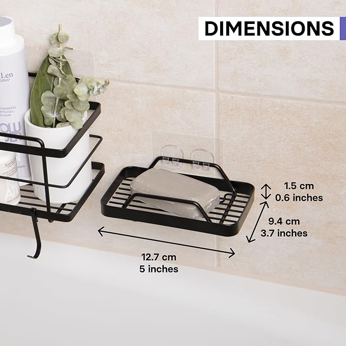 KINCMAX Premium Adhesive Soap Holder for Shower Wall - Drill Free Bar Soap Dish for Bathroom Storage - Stainless Steel Shower Soap Caddy w/Adhesive Sticker (Black)