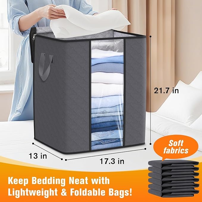 Clothes Storage Bags, 4-Pack Comforter Blanket Organizers, 80L Large Capacity Containers with Visual Window for Clothing, Quilt, Sheet, Pillow, Closet Organization for Bedding (Grey)