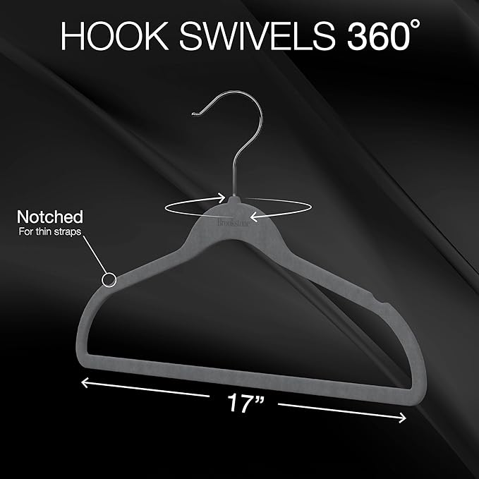 BROOKSTONE, [25 Pack] Velvet Hangers, [Non-Slip] 360° Swivel Hook, Lightweight & Slim, Strong & Durable, Space Saving Design, Heavy Duty, Won’t Stain Fabric