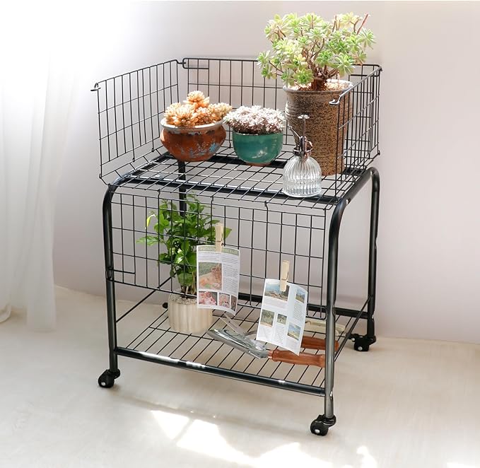 31" height Rolling Laundry Basket with Wheels, Heavy Duty 2-Tier Metal Wire Laundry Cart, Foldable Hamper with Industrial Wheels & Brakes for Clothes, Bedroom, Dorm, Apartment (Black)