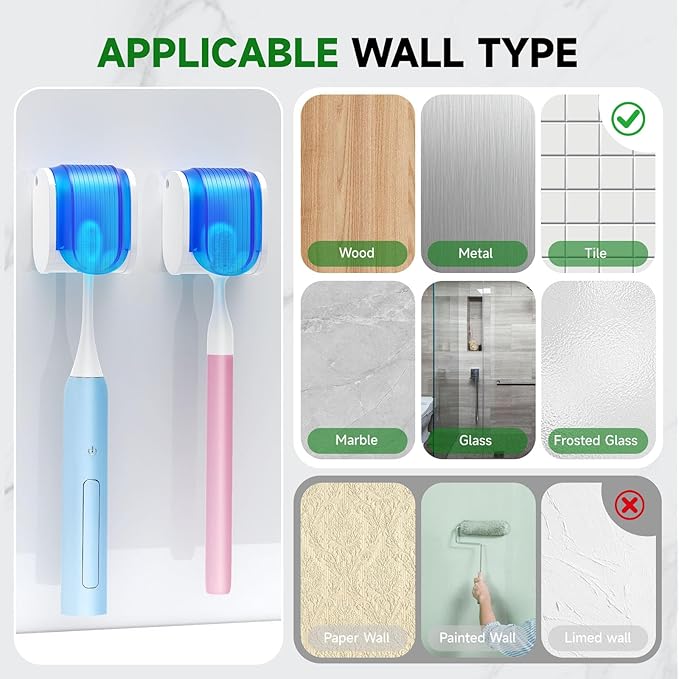 4 Pcs Toothbrush Holders Wall Mounted, Single Slot Design, Shower Self Adhesive Wall Mounted Toothbrush Holder with Cover, Waterproof and Dustproof, Suitable for Bathroom, Family, Travel (Blue)