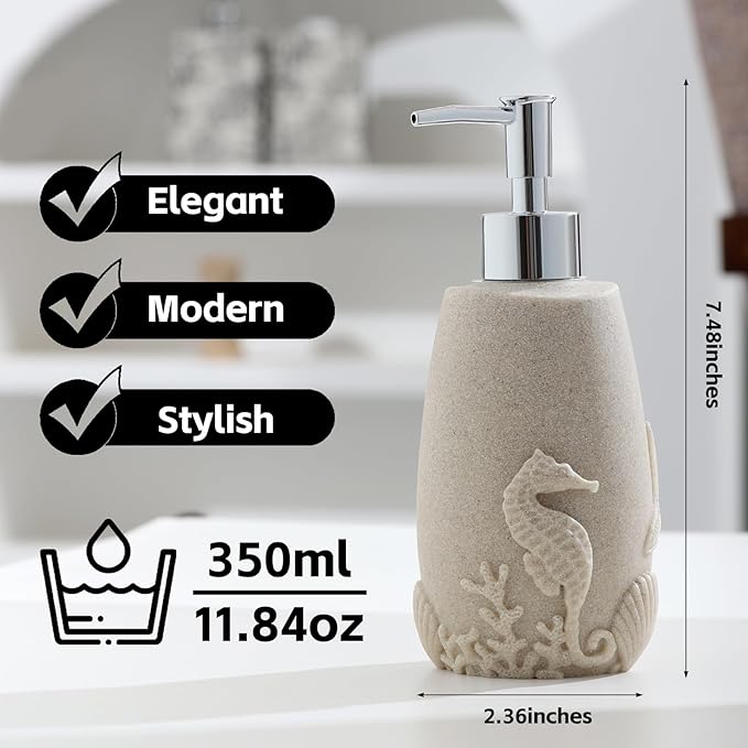 Soap Dispensers 350mL 11OZ, 2 PCS Luxurious Ocean Hand Dish Lotion Shampoo Soap Dispenser Jar, Sea Shell Soap Pump Bottles for Kitchen Bathroom Countertop Beige