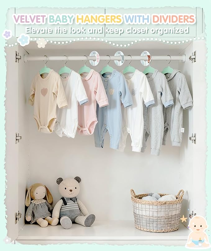VIS'V Baby Hangers, 11 Inch Velvet Kids Hangers with 6 Pcs Clothes Size Dividers, Infant Toddler Nursery Closet Organization, Non Slip, Mint Green, 30 Pcs