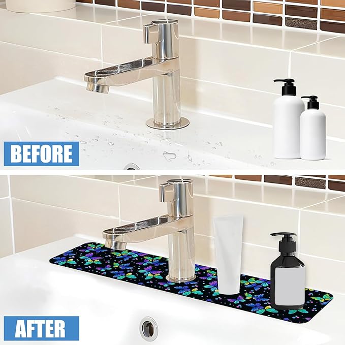 Sink Faucet Absorbing Mat Colourful Butterflies Sink Splash Guard Drying Mat for Kitchen Bathroom Faucet Sinkmat 23.5"X5.5"