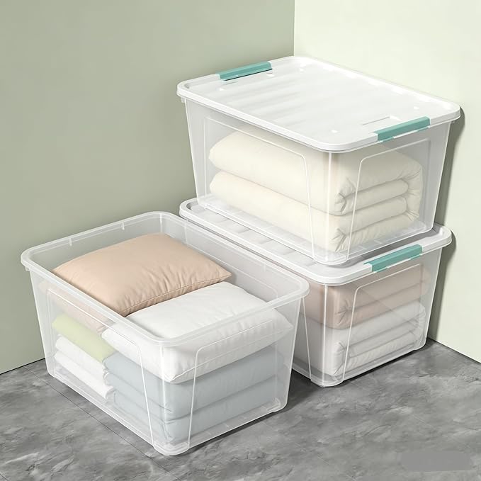 Tyminin 4-Pack 85 Quart Plastic Storage Bin, Stackable and Nestable Storage Boxes with White Lids and Secure Latching Buckles, Large Storage Container